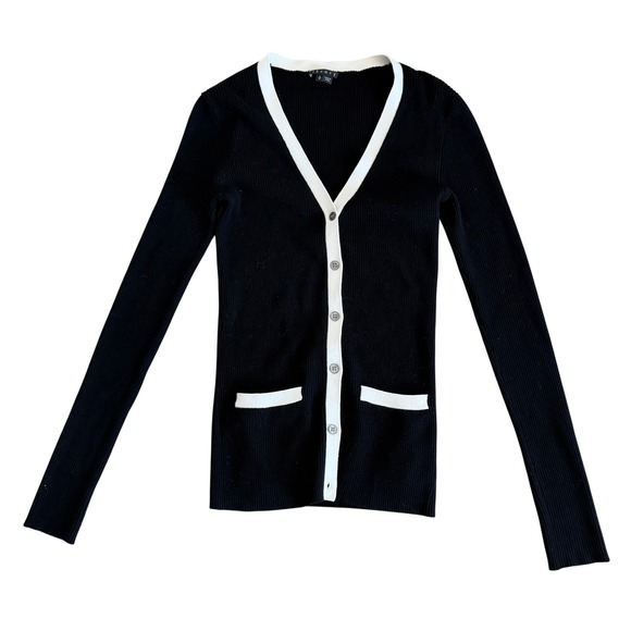 Theory Sweaters - Theory Ribbed Knit Cardigan Black w/ White Trim V-Neck Button Front Women P S